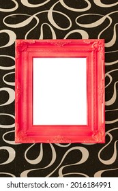 Realistic Red Picture Frames On Curve White Line Art Pattern On Black Background. For Advertizer Concept