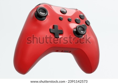 Realistic red video game joystick on white background. 3D rendering of streaming gear for cloud gaming and gamer workspace concept