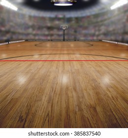 Realistic rendering of basketball arena background full of fans in the stands with copy space. Deliberate focus on foreground and shallow depth of field on background.