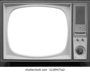 Realistic Retro Television. White Mock Up. Old TV Small Screen With Blank White Space For Mockup Information. Front View Image.