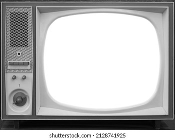 Realistic Retro Television. White Mock Up. Old TV Small Screen With Blank White Space For Mockup Information. Front View Image.