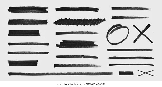 Realistic Rough Black Marker Brush Ink Line Stroke Set Isolated Collection. Grunge Paper Texture. - Shutterstock ID 2069176619