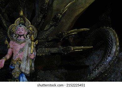 A Realistic Sculpture Of Half Human Half Serpent In Chiang Dao Cave Temple, Traditional Belief Of Mystical Creatures In Thailand