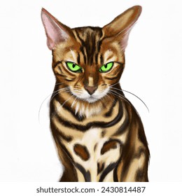realistic small beautiful bengal cat with green squinty eyes and an annoyed facial expression on a white background