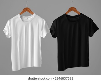 Realistic tshirt mockup | Blank black and white t-shirt on hanger, design mockup. Clear plain cotton tshirt mock up template. Apparel store logo mock branding display