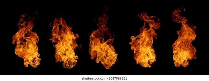 Realistic vertical fire flame sequence isolated on black background. Perfect for VFX, motion graphics, and digital art showing energy, heat, and burning power visual effects.