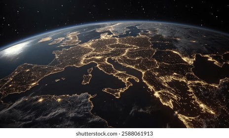 Realistic view of the Earth from space, highlighting Europe with glowing city lights and network connections symbolizing global connectivity