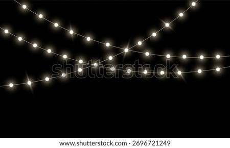 Realistic warm glowing string lights or christmas fairy light overlay with soft warm white illumination for festive event celebration and home decoration on black isolated background