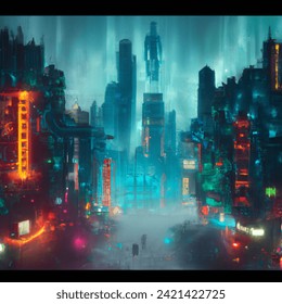 Realistically drawn, war torn, post apocalyptic, cyber punk city. Reference Blade Runner movie. Neon signage and lights. Slightly dingy feel. Tall buildings with damage and dramatic perspective. Ghosts of the dead lingering in the city. Neon signage with