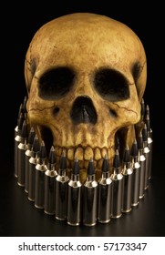 realistic-looking model of human skull dramatically lit and surrounded by rifle cartridges.