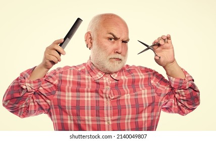 Really Bad Shave. Cut And Brush Hair. Mature Bearded Man Isolated On White. Unshaven Old Man Has Moustache And Beard. Shaving Scissors Tool Kit. Barbershop Concept. Shaving Accessories