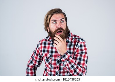 Is It Really So. Guy With Long Lush Beard And Mustache On Face. Handsome Confident Man Has Perfect Hairstyle. Surprised Bearded Man In Shirt. Male Beauty Concept. Portrait Of Bearded Hipster.