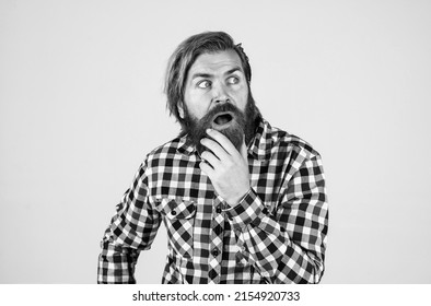 Is It Really So. Guy With Long Lush Beard And Mustache On Face. Handsome Confident Man Has Perfect Hairstyle. Surprised Bearded Man In Shirt. Male Beauty Concept. Portrait Of Bearded Hipster