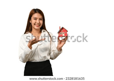 Realtor showing and presenting house model on white background. Real estate mortgage and property investment concept