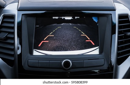 Rear area image showing automobile occurrence/Automotive rear area video camera - Shutterstock ID 595808399