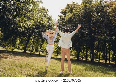 Rear back behind full length body size view of two attractive adorable couple life partners spouses enjoying jumping having fun outdoors.