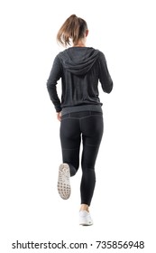 Rear Backside View Of Female Runner In Hooded Sweatshirt Running Away. Full Body Length Portrait Isolated On White Background. 