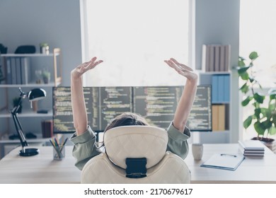 Rear Behind Portrait Of Hardware Expert Sitting Chair Raise Stretch Arms Two Screens Office Room Indoors