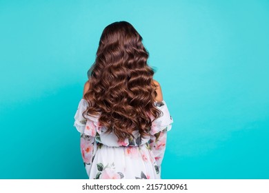 Rear behind portrait of young wavy hairdo lady nice new haircut isolated on turquoise color background