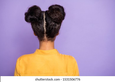 Rear behind view photo of pretty dark skin lady turned back showing amazing hairstyle after visiting styling salon wear yellow shirt isolated purple color background - Powered by Shutterstock