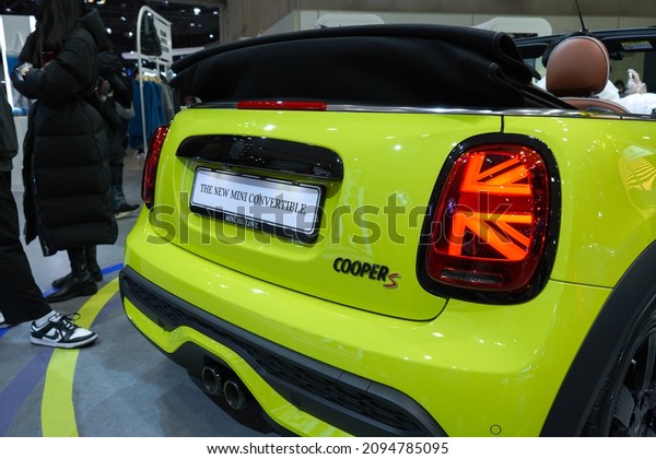 The rear\
light of the British car brand MINICOOPERS is shaped like a British\
flag. South Korea, Ilsan -\
2021.12.05.