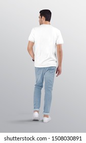 Rear Look Of Standing Male Model Wearing White Plain Ringer T Shirt In Blue Denim Jeans Pant.