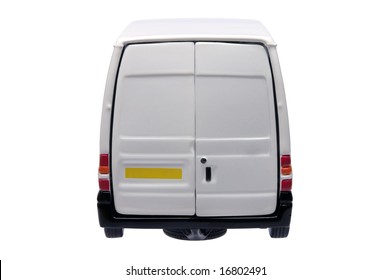 Rear of a model white van with blank door panels for your own branding, isolated on white with clipping path.