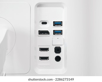 Rear of modern 4K computer monitor showing USB-C, DisplayPort and HDMI ports.