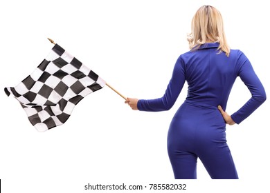 Rear Shot Of A Woman In A Racuing Suit Waving A Checkered Race Flag Isolated On White Background