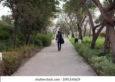 Rear Shot Of A Young Man Walks In Holding His Guitar And Walk In A Garden.