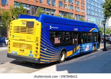 Rear Side View Of New York City Bus Of Metropolitan Transportation Authority Stopped On Bus Stop - New York, USA - 2021