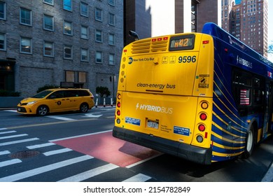 Rear Side View Of New York City Bus Of Metropolitan Transportation Authority. Clean Energy Hybrid Bus - New York, USA - 2022