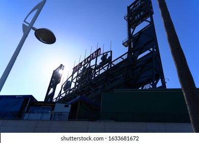 Rear Silhouette View Of Oracle Park Facade, Home Of The San Francisco Giants Baseball Team. San Francisco, CA. February 2, 2020.