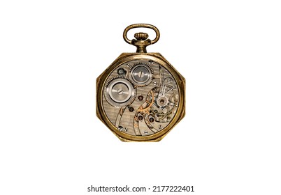 Rear viev of golden old pocket watch with open clockwork on white isolated background. Mechanism of golden vintage watch with toothed wheels, gearing, gears and screws. Octagonal retro clock inside. - Powered by Shutterstock