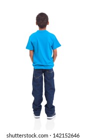 rear view of african american boy isolated on white background