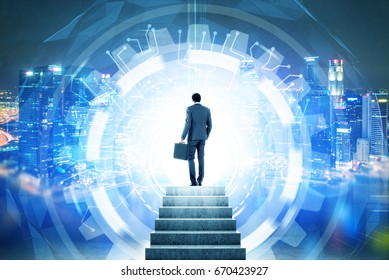 Rear view of an African American businessman entering a glowing HUD. Concept of a future and looking for a way out. Strairs - Powered by Shutterstock