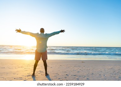 Rear view of african american senior man with arms outstretched looking at seascape against blue sky. Dusk, copy space, carefree, happy, retirement, unaltered, beach, vacation, enjoyment, nature. - Shutterstock ID 2259184929
