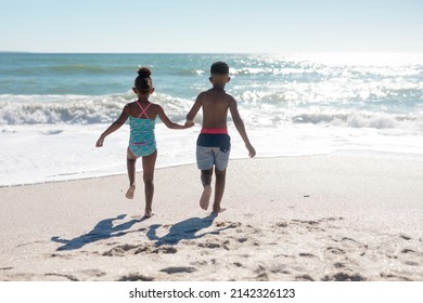 Rear view of african american siblings holding hands while running towards sea at beach on sunny day. unaltered, family, childhood, togetherness, enjoyment and holiday concept. - Powered by Shutterstock