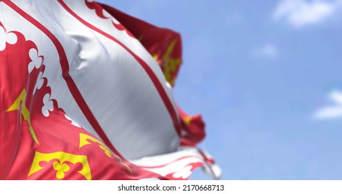 Rear View Of The Alsace Flag Waving In The Wind On A Clear Day. Alsace Is A Cultural Region And A Territorial Collectivity In Eastern France. Selective Focus