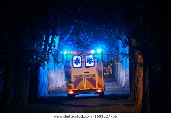 Rear view of\
ambulance of emergency medical service against dark alley. Themes\
rescue, hope and health\
care.