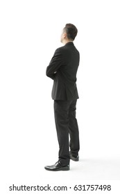 Rear View Of Asian Young Business Man Isolated Over White Background, Full Length Portrait Of Businessman Standing And Looking Forward In The Future