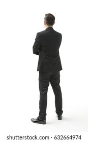 Rear View Of Asian Young Business Man Isolated Over White Background, Full Length Portrait Of Businessman Standing Back