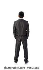 Rear View Of Asian Young Business Man, Isolated Over White Background, Full Length Portrait Of Businessman Standing Back