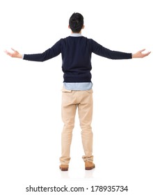 Rear View Of Asian Young Man Open Arms And Feel Free, Full Length Portrait.