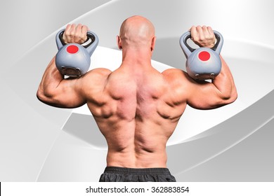 Rear view of bald man lifting kettlebells against white angular design - Powered by Shutterstock