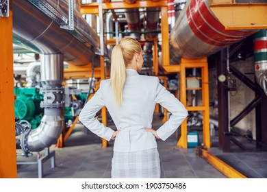 Rear View Of Blond Female Boss In Formal Wear Standing In Heating Plant With Hands On Hips.