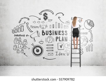 Rear View Of A Blond Woman Standing On A Ladder And Drawing A Black Business Plan Sketch On A Concrete Wall.