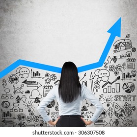 Rear view of the business lady who is looking for the new business ideas. Blue growing arrow as a concept of successful business. Business icons are drawn on the concrete wall.