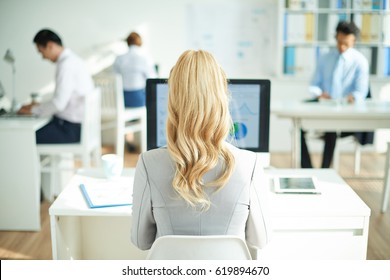 Rear view of business lady working on computer in office