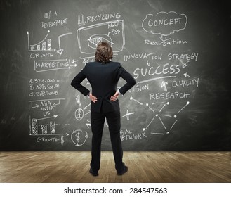 Rear View Of Business Person With Hands On Hips Contemplating Complicated Flow Chart Or Business Plan To Success Drawn On Chalk Board